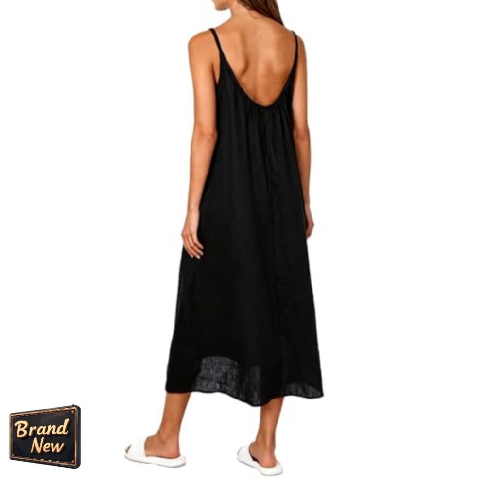 Pure Linen Slip Sleeveless Midi Dress Casual Summer Sundress - Picture 2 of 7